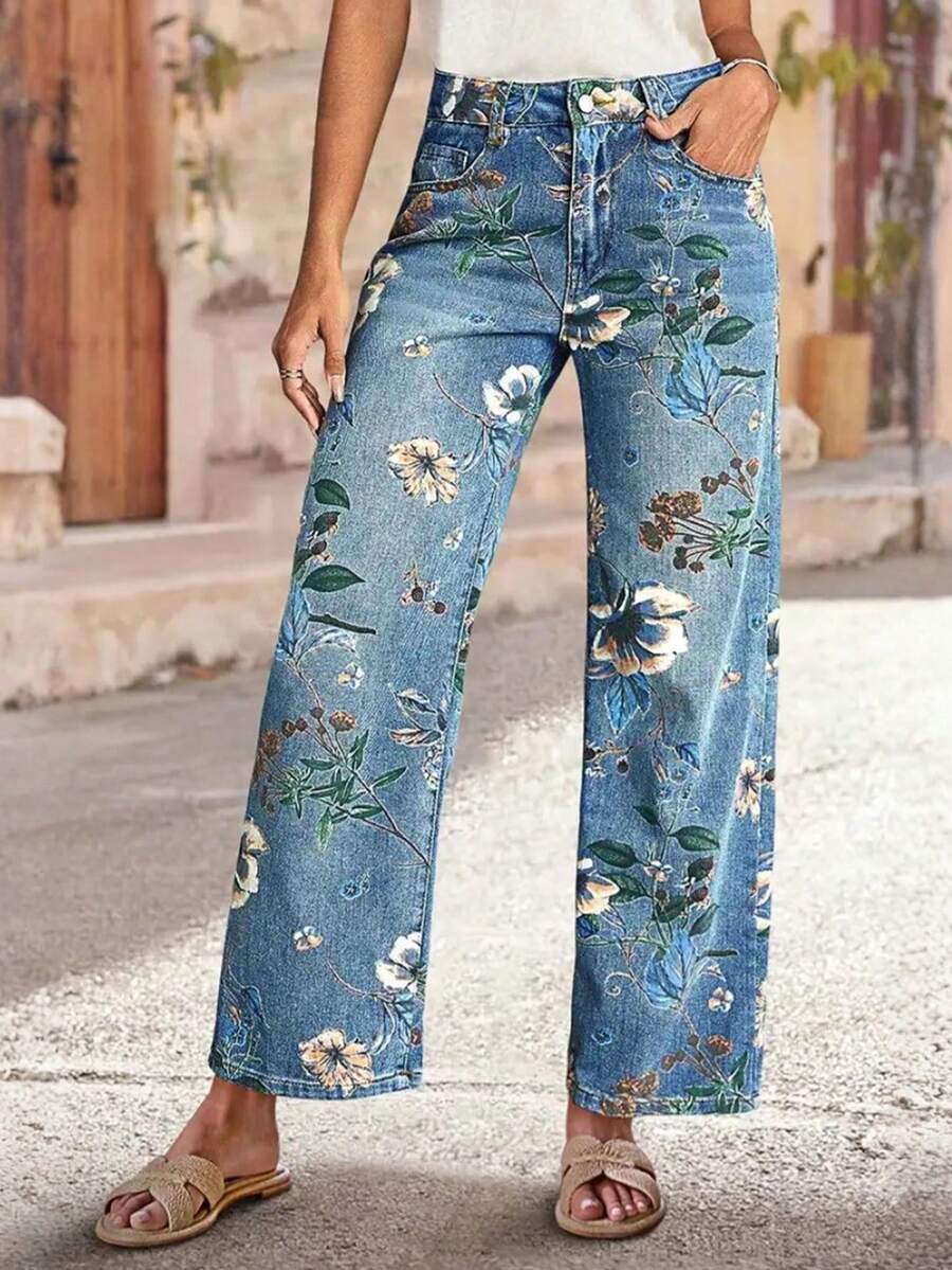 2026 New Arrival] Fall/Winter Essentials: High-Waisted Floral Print Straight-Leg Jeans | Christmas Holiday & Winter Wardrobe | Tall Size Fit | Pantalones Jeans De Mujer | Ropa De Invierno Mujer | Denim Stretch Slimming Design - 淺藍色 - 查看 1