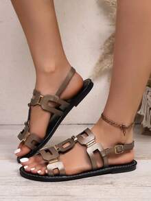 Nuevas sandalias planas de moda para mujer, unicolor, de cuero PU con patrón geométrico hueco, cierre con hebilla, sandalias planas de moda para mujer, sandalias de playa, verano - Café integral - Ver 5
