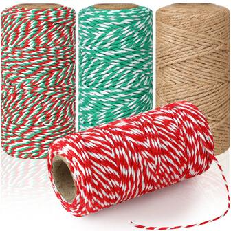 4卷圣诞主题麻绳，棉质，天然黄麻绳，绿红白三色麻绳，工艺麻绳，包装，园艺，装饰（70米/卷）