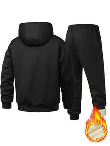 2pcs Men's Thermal Lined Hooded Jacket & Pants Set, Warm Sportswear For Vacation, Outdoor, Hiking, Cycling, Fitness, Running - Black - View 3