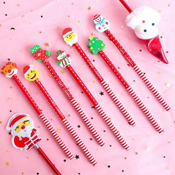 1 Set Random Holiday Christmas Pencil And Eraser - Round Wooden Writing And Drawing Pencils With Santa Claus, Reindeer, Snowman And Holiday Designs, Ideal Holiday Gift For Students And Teachers, Christmas Pencils, Christmas Stationery, Vibrant Designs, Durable Eraser