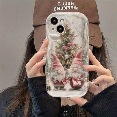 Weihnachtswichtel Baum Schnee Festliche Stimmung Einfarbig Weiß Lockenwellen Handyhülle für iPhone 16/15/14/13/12/11/ Pro/Pro Max/Plus/X/XS/XR/XS MAX, Objektivschutz, Schutzhülle, Geschenkidee