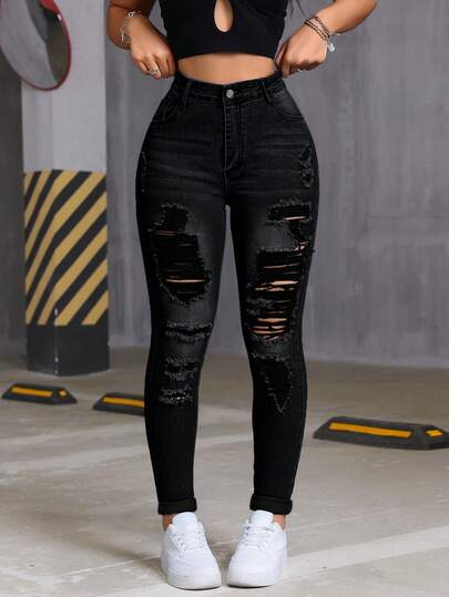 Jeans ajustados para mujer con efecto desgastado, jeans de cintura alta sexy con diseño de bolsillos, detalles desgastados y cierre con cremallera. Estos jeans de algodón denim de lavado claro, de corte ajustado y cintura alta, son adecuados para uso casual en primavera y otoño, y también son apropiados para Navidad y otras ocasiones.