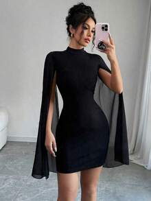 Elegant Women's Short Party Dress With Tulle Sleeves And Flare Detail - Fashionable - màu đen - Xem 2