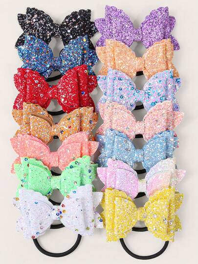 7pcs/Set Glitter Bow Hair Ties For Girls, Assorted Colorful Sparkly Hair Bands Elastic Hair Accessories, Cute Shiny Hair Bows Hair Elastics For Daily Party Use