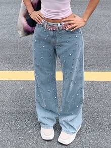 Women's Autumn Non-Stretch Straight Jeans, Fashionable Jeans With Beads, Hot Girls Must Have - 淺色水洗藍 - 查看 1
