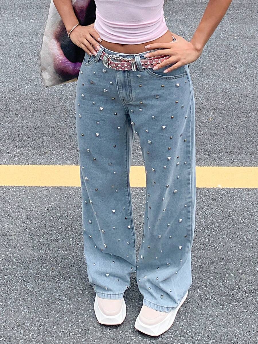 Women's Autumn Non-Stretch Straight Jeans, Fashionable Jeans With Beads, Hot Girls Must Have - 淺色水洗藍 - 查看 1