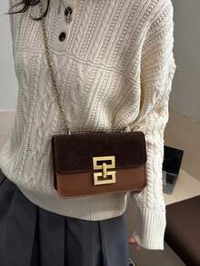 Bolso de hombro cuadrado de terciopelo texturizado vintage, bolso de cadena elegante de unicolor, cartera clásica de mujer - Marrón - Ver 3