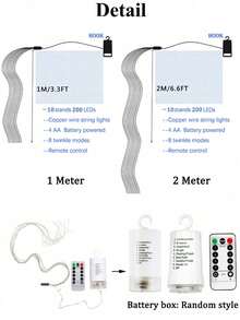 Luces de hadas para exteriores, luces de cadena de luciérnagas, luces de hadas con cable de cobre resistente al agua alimentadas por batería con control remoto, temporizador y ganchos, 8 modos de parpadeo, adecuadas para jardín, hogar, fiesta, decoración de boda - Luz de cascada (luz blanca cálida) - Ver 4