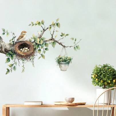 1/2pcs Bird's Nest And Branches Wall Sticker, Removable Self-Adhesive Spring Green Leaves Birds Vinyl Sticker For Living Room Bedroom Kitchen Playroom Nursery