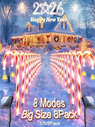 1 set Luces solares de bastón de caramelo navideño para exteriores, resistentes al agua con 8 modos de trabajo, decoración para fiesta de Año Nuevo 2025, decoración navideña exterior para jardín, patio, camino. (1 pieza/5 piezas/8 piezas), decoración navideña para dormitorio, hogar, fiesta, vacaciones, festival, árbol de Navidad, regalos de Navidad y Acción de Gracias