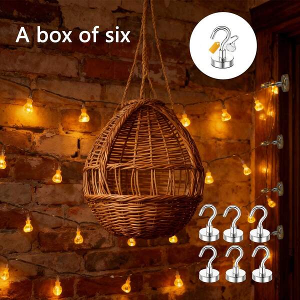 6 pièces Crochets d'éclairage, Crochets magnétiques N52 pour cabines de croisière, Crochets magnétiques haute puissance 17 lb, Crochets magnétiques robustes, Aimants puissants avec crochets pour suspendre, Crochets magnétiques pour cuisine, garage, pack, pour guirlandes lumineuses d'intérieur/extérieur, guirlandes de fées, gestion des câbles - Convient aux murs, plafonds, arbres, décoration de chambre esthétique