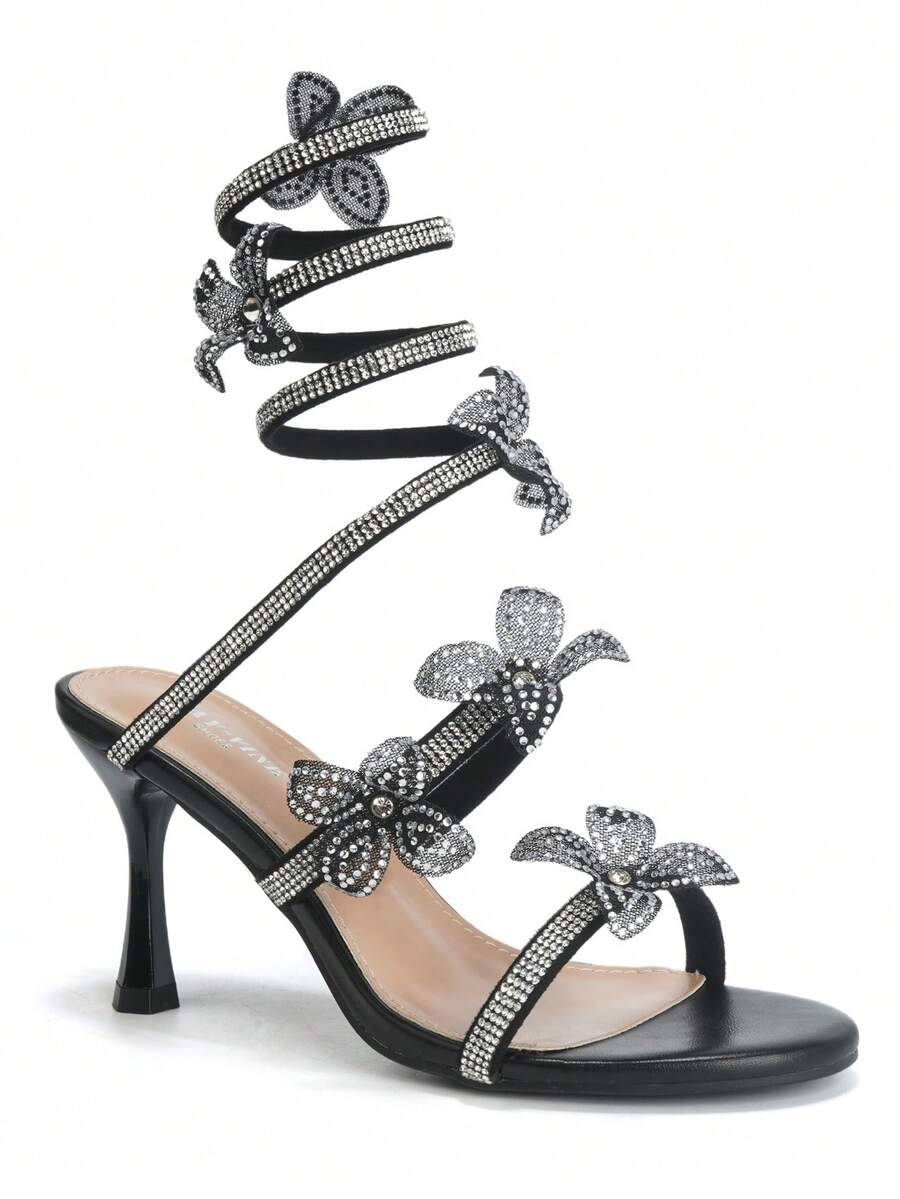 RevReaL Rhinestone Floral Lace-Up Heeled Sandals沙灘搭扣水鑽 - 黑色 - 查看 1