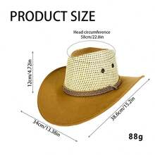 Sombrero de ala ancha estilo occidental con correa ajustable para la barbilla, elegante gorra de vaquera decorada con cinturón de rafia tejida para hombres y mujeres. - Caqui - Ver 7