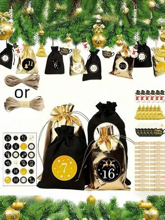 24 件圣诞降临节黑色烫印节日日历袋、圣诞降临节烫印日历粗麻布袋、带抽绳的悬挂礼品袋、24 天圣诞节倒计时袋，用于 DIY 圣诞家居装饰，配有小卡夹绳贴纸