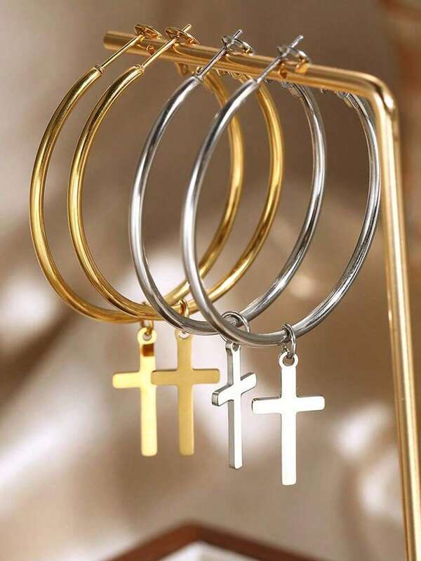 1 Pair Of Minimalist Cross Stud Earrings | Korean-Style Light Luxury Unisex Earrings | Cool-Tone Statement Earrings