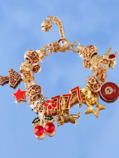 1 pulsera con dije de cereza y estampado de leopardo, 1 pulsera de estrella, 1 pulsera con el número de la suerte 777, 1 pulsera con la letra A inglesa y estampado de leopardo, 1 pulsera de diente de cereza roja