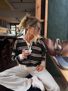 FOR BEAUTY 女士秋冬撞色条纹长袖针织 Polo 衫，时尚、温柔、简约、百搭、休闲舒适，适合日常通勤，舒适百搭，新年上衣黑色 - 黑色 - 查看 2