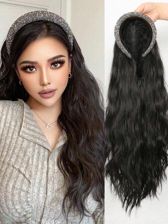 灰色亮片发箍（或粉色亮片发箍）配大波浪假发 - 24英寸可拆卸合成假发，易于佩戴，长波浪发顶，适合日常和派对场合