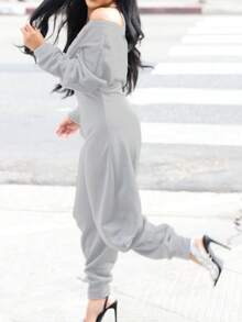 Women's 2025 Fall Long Sleeve Jumpsuit Fashion Casual Loose Fit Outdoor And Lounge Romper One Piece Outfits - Màu Xám nhạt - Xem 6