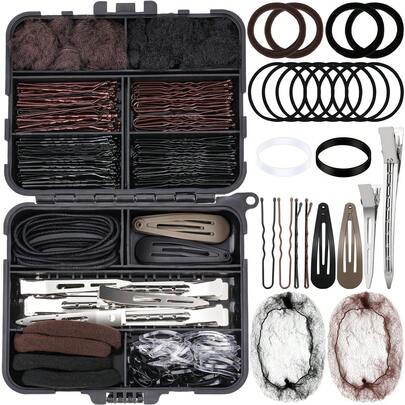 163pcs Black Box Hair Accessories Set, Including Bobby Pins, Hair Nets, Hair Clips And Hair Bands, Claw Clips, Head Accessories