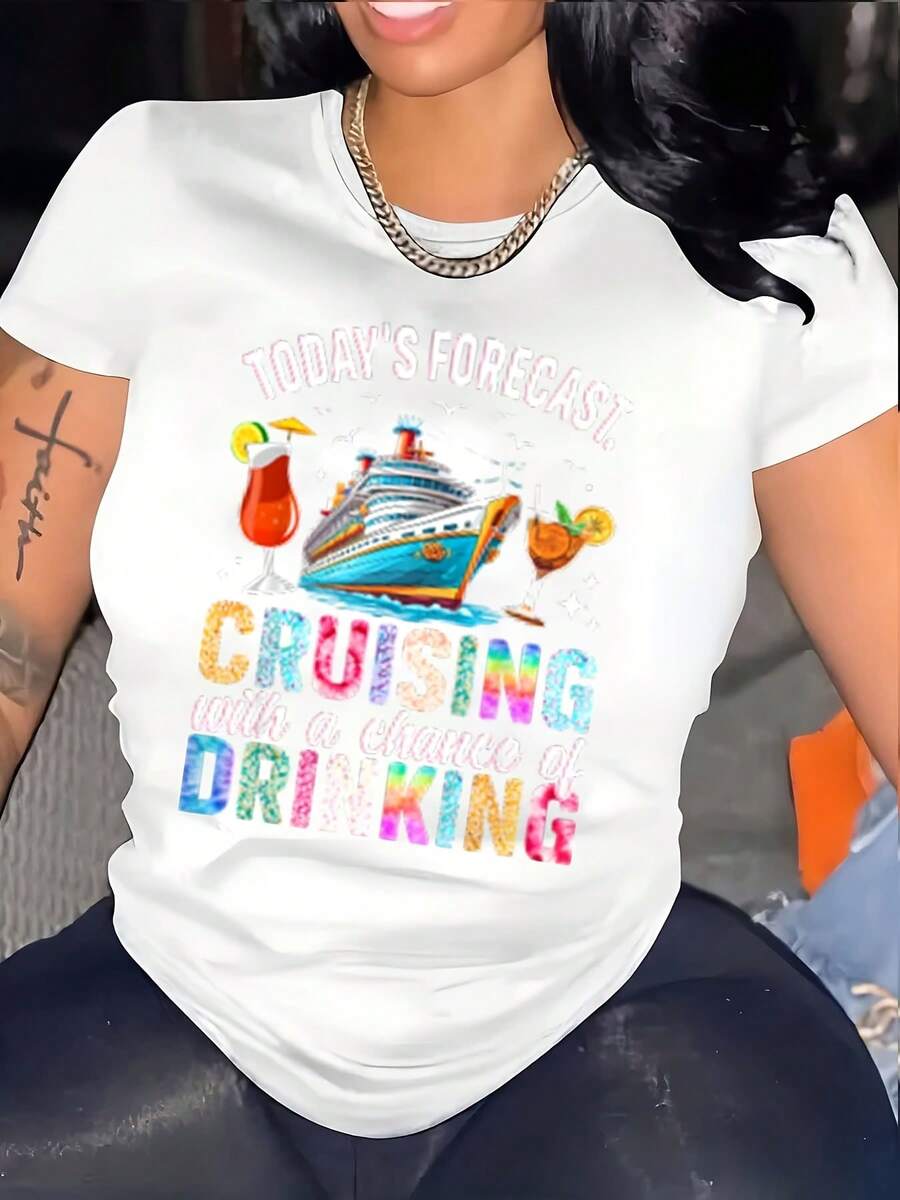 Today's Forecast Cruising With A Chance Of Drinking Printed Graphic T-Shirt Women Casual Soft Comfortable Shirt Gift For Vacation Cruise Holiday Party Summer Travel Wear - 白色 - 查看 1