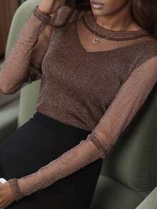 Women's Elegant Shiny Long Sleeve Top, Loose Fit Casual Undershirt, Suitable For Spring And Autumn - Brown - View 5
