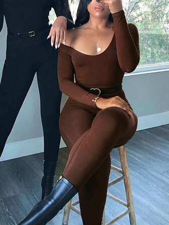 Women Fashion Solid Bodycon Casual Long Sleeves Sport Streetwear Daily Fall Winter Jumpsuit