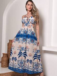 Crepe Dress - Azul Com Arvore De Coco - View 1