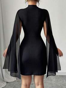 Elegant Women's Short Party Dress With Tulle Sleeves And Flare Detail - Fashionable - màu đen - Xem 3
