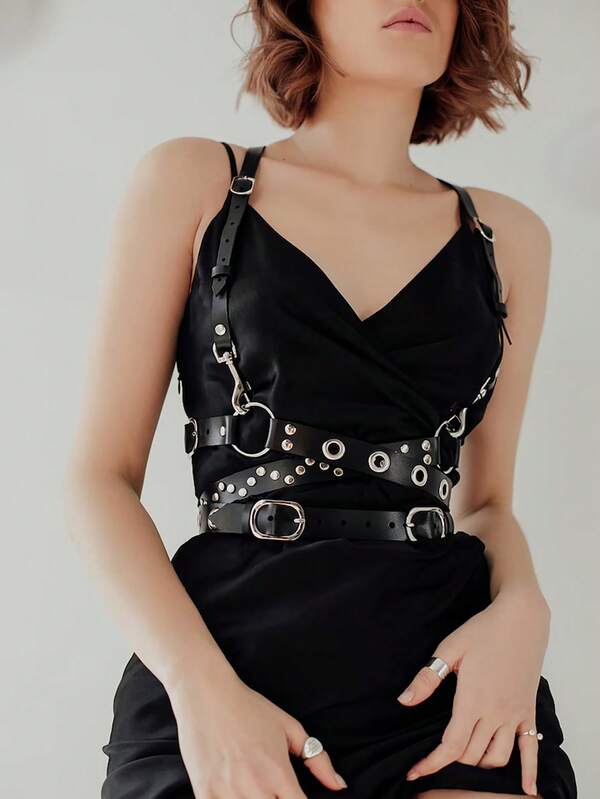 Fashionable Women's Sexy Exquisite Pu Leather Studded Waist Cincher Harness Adjustable Dark Style Chest Body Accessory Suitable For Daily Wear Parties And Halloween Costume Pairing