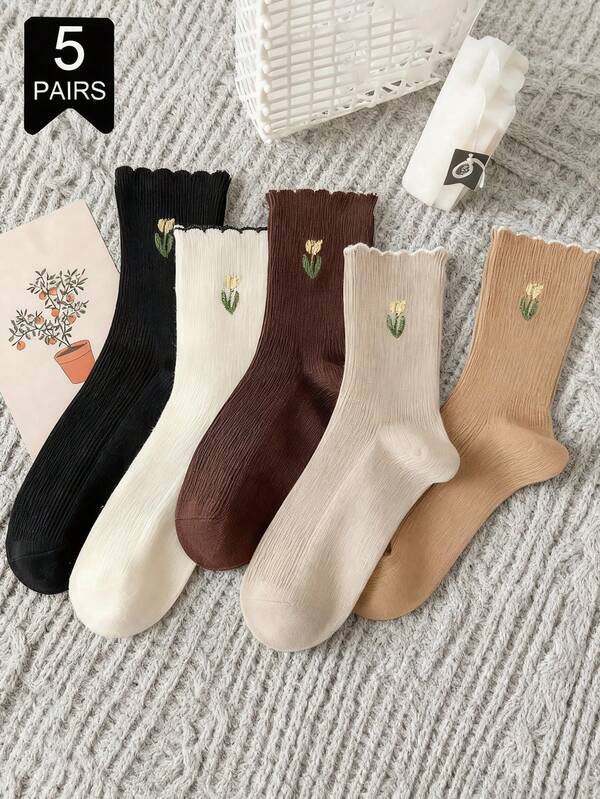 5 pares de calcetines de media caña de mujer de unicolor con encaje, diseño floral de tulipán estilo japonés lindo, versátil para otoño/invierno, adecuado para combinar con la moda diaria
