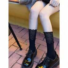 1 Pair White Lace Breathable Calf Socks, Random Delivery - Black - View 4