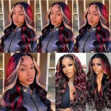 Human Hair Skunk Stripe Highlight Red Blonde Wig 13X4 Lace Front P1B/99 #27 Body Wavy Wet Remy Hair For Women Pre Plcuked Natural Hairline Halloween Christmas Cosplay - Piano Color - View 9