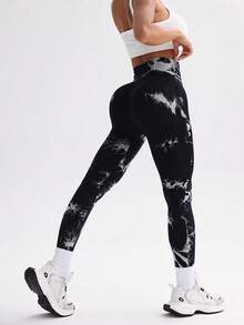 Yoga Leggings Seamless Abdominal Control Training Running Fitness Tights Leggings Black Tie-Dye - 黑色 - 查看 4