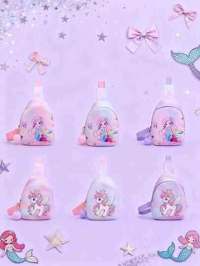 1个尼龙拉链时尚可爱卡通美人鱼独角兽迷你胸包，小巧设计，可调节肩带，可装零钱包和口红，斜挎包，适合日常使用，高性价比，适合青少年外出购物、通勤、日常使用，也可作为礼物赠送。