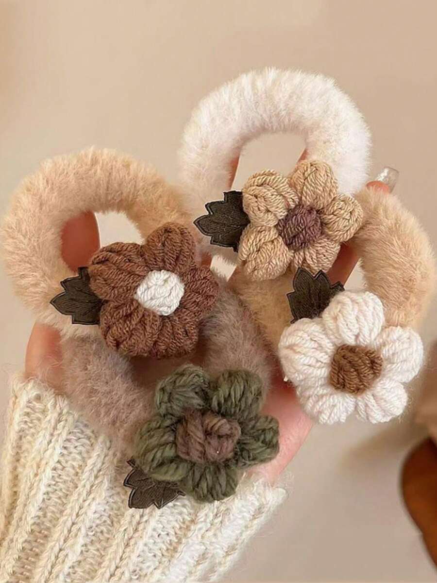 4 piezas Lazos elásticos de punto con diseño floral minimalista y lindo, accesorios de pelo versátiles para mujeres, sujetadores de coleta, ligas de pelo, bandas de goma para el cabello, scrunchies, cuerda para el cabello - Multicolor - Ver 1