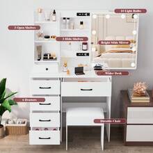White Dressing Table & Drawers LED Mirror Stool Set Makeup Desk Vanity Modern - White - View 3
