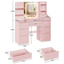 Devoko Vanity Unit With LED Lighting, 3-Stage Brightness Control, Vanity Unit With Adjustable Mirror, 7 Drawers And Open Shelves, Modern Wooden Dressing Table For The Bedroom, Stylish Contemporary Design, Stepless Dimming, White/Pink/Black - 粉色 - 查看 5