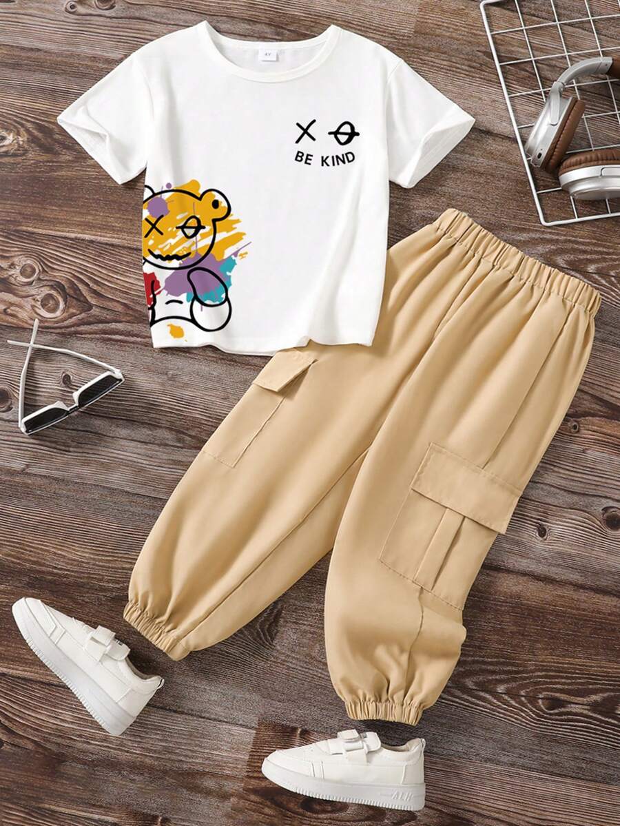 Young Boy Letter & Cartoon Bear Print Short Sleeve T-Shirt And Cargo Pants Set - Khaki - View 1