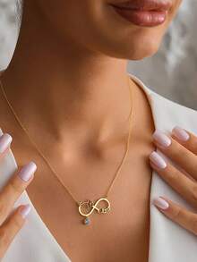 1pc Customized Birthday Flower Name Infinity Symbol Necklace, Women's Stainless Steel Gold Birthday Stone Pendant Necklace, Birthday Party Jewelry Gift - Multicolor - View 10