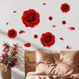 1pc Vivid Red Rose Wall Sticker, Floral Decal, Suitable For Bedroom, Living Room, Bathroom, New Year Party, Valentine's Day Decoration