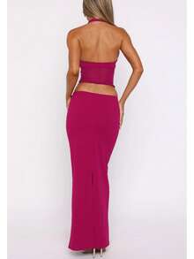 1 pièce Robe élégante et sexy en maille transparente de couleur unie avec découpe en V pour femmes, idéale pour les soirées, les sorties, les anniversaires, les séances photo et les représentations, printemps/été - Rose vif - Voir 6