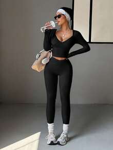 Aoqta Sport Damen Zweiteiler Herbst Lässig Outdoor Sport Laufen Fitness einfarbig Langarm V-Ausschnitt Top und schlanke hochgeschnittene Hose Yoga Set