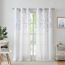 Floral Print Metallic Sheer Window Curtain Panel Rustic Living Room/Bedroom Decor 6 Grommets Top Drape Panels, Coral Red,40 X 84, 2 PK, Sparkling Farmhouse Style - Navy Blue - 查看 2