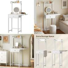 Small Vanity Desk Without Mirror Makeup Vanity Table For Small Space Compact White Dressing Table With Fold-Up Panel And Fabric Drawer For Bedroom Easy Assembly White - 白色 - 查看 7
