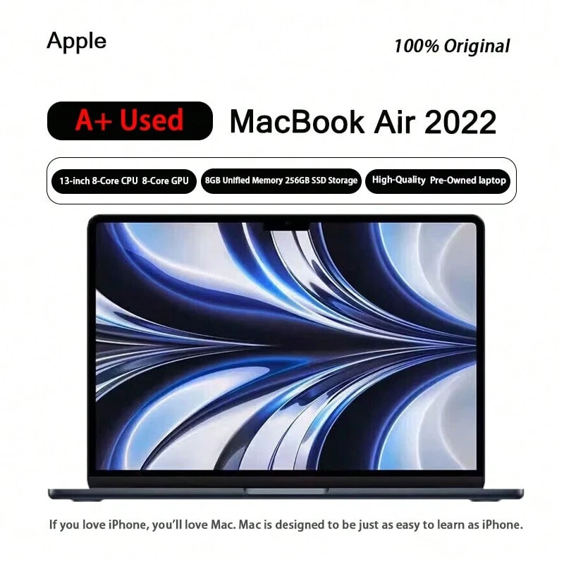 A+Used Apple MacBook Air 2022, AI 13.6-inch laptop, M2 chip, 8+256GBلابتوب， the world’s most popular laptop