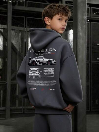 1件装男童休闲印花套头卫衣，保暖内衬，长袖，秋冬季