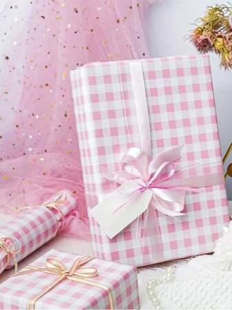 50pcs Pink DIY Checkerboard Wrapping Paper,Single-Sided Print,Durable & Fold-Resistant,Suitable For Holiday Theme Wrapping, Anniversary Birthdays, Father'S Day, Mother'S Day, Christmas, Halloween, Wedding Gifts, Party Souvenirs(Ties & Tags Not Included)