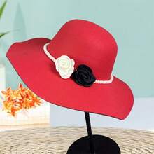 Women's Wide Brimmed Top Hats Fashion Pearl Flower Decorated Bucket Cap For Wedding Special Occasion Suitable For Home Gatherings, Holiday Decorations, School Parties, And Other Events. Must Choose Christmas And New Year Gifts - Red - View 3
